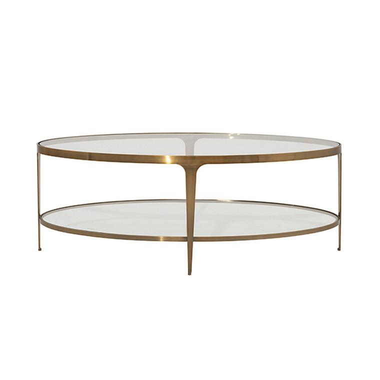 Worlds Away Brando Oval Coffee Table with Glass Top in Antique Brass BRANDO ABR