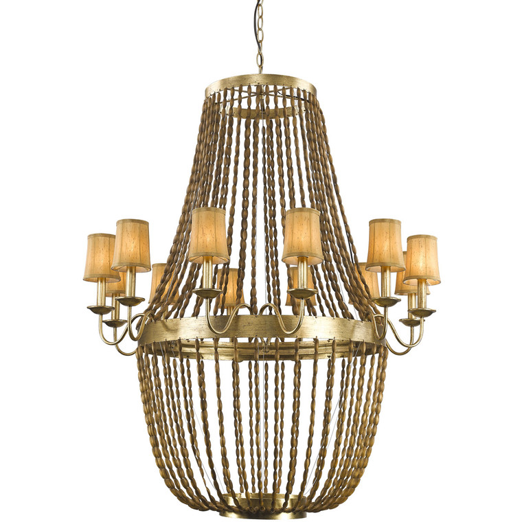 Acclaim Lighting Anastasia 12-Light Antique Gold Leaf Chandelier With Wooden Beaded Chains And Gold Fabric Shades in Antique Gold Leaf IN11406AGL