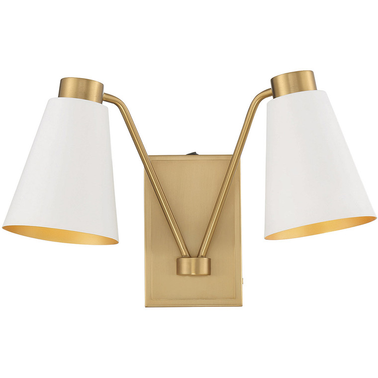 Meridian 2-Light Wall Sconce in White with Natural Brass M90076WHNB