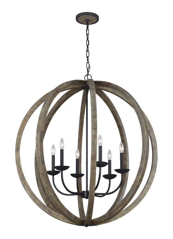 Visual Comfort Studio Sean Lavin Allier Transitional 6 Light Chandelier in Weathered Oak Wood / Antique Forged Iron VCS-F3186/6WOW/AF