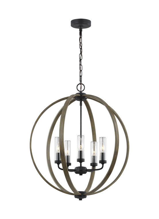 Visual Comfort Studio Sean Lavin Allier Transitional 5 Light Outdoor Fixture in Weathered Oak Wood / Antique Forged Iron VCS-OLF3294/5WOW/AF