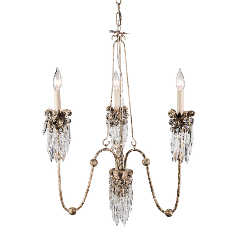 Lucas McKearn Flambeau's Venetian 3 Light Mini Chandelier in Distressed White Bronze and Crystal