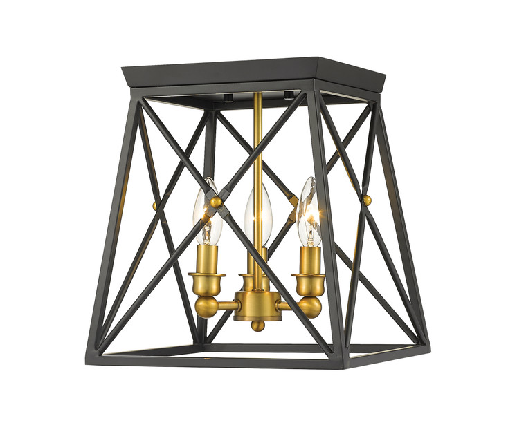 Z-Lite Trestle 3 Light Flush Mount in Matte Black + Olde Brass 447F11-MB-OBR