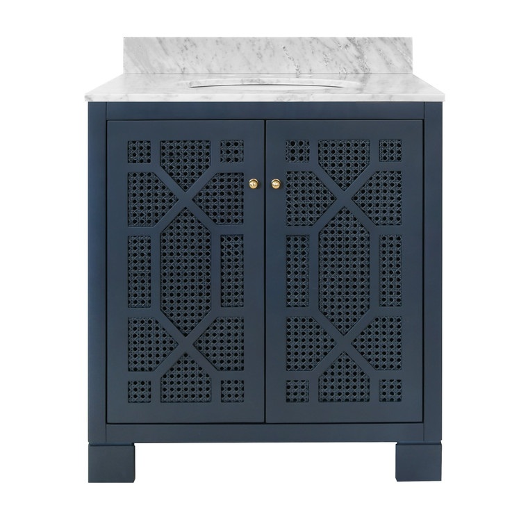 Worlds Away Schaffer Bathroom Vanity in Navy Matte Lacquer with Polished Brass Knob Hardware SCHAFFER NVY