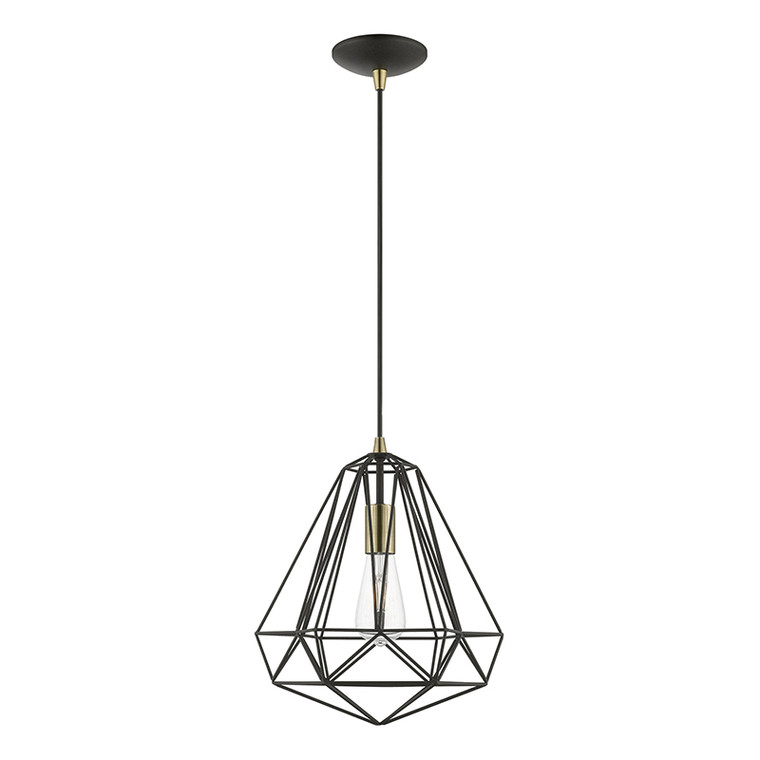 Livex Lighting Knox Collection  1 Light Textured Black with Antique Brass Accents Pendant in Textured Black with Antique Brass Accents 41324-14