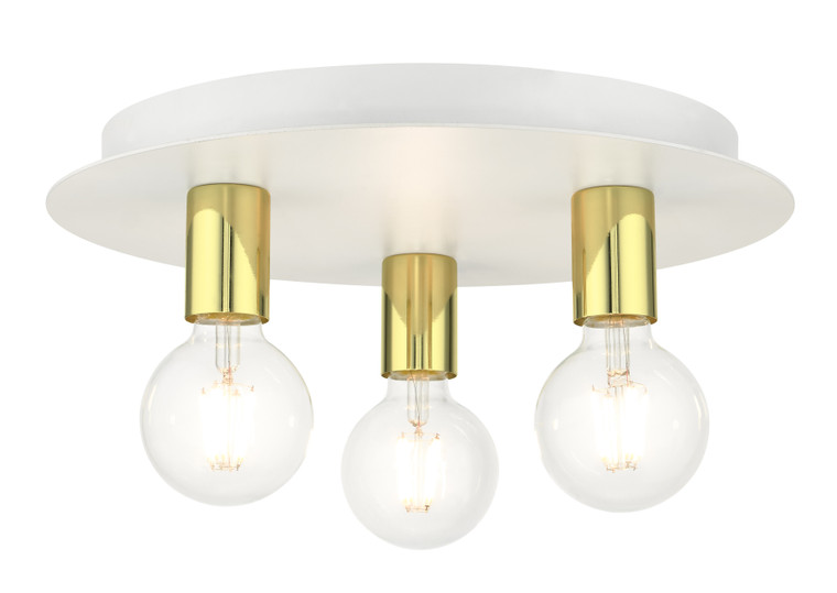 Livex Lighting Hillview Collection  3 Light White Flush Mount in White with Polished Brass Accents 45873-03