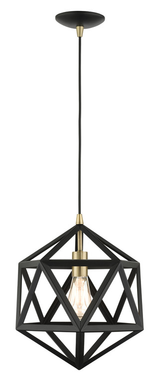 Livex Lighting Ashland Collection  1 Light Textured Black Pendant in Textured Black with Antique Brass Accents 41328-14