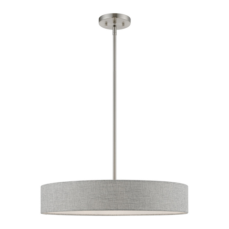Livex Lighting Elmhurst Collection  4 Light Brushed Nickel with Shiny White Accents Medium Drum Pendant in Brushed Nickel with Shiny White Accents 46144-91