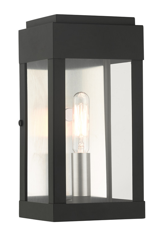 Livex Lighting York Collection  1 Light Black Outdoor ADA Wall Lantern in Black with Brushed Nickel Finish Candles with Brushed Nickel Stainless Steel Reflector 21231-04