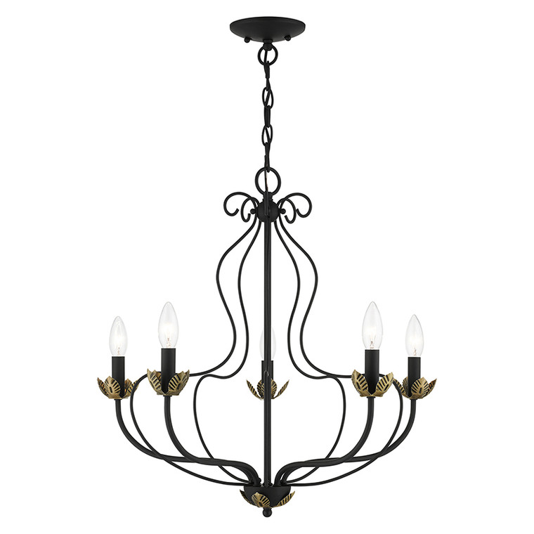 Livex Lighting Katarina Collection  5 Light Black Chandelier in Black with Antique Brass Accents 42905-04