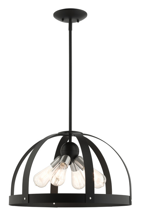 Livex Lighting Stoneridge Collection  4 Light Textured Black Pendant Chandelier in Textured Black with Brushed Nickel Accents 49647-14