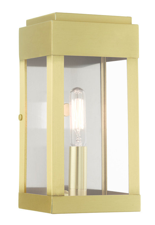 Livex Lighting York Collection  1 Light Satin Brass Outdoor ADA Wall Lantern in Satin Brass with Brushed Nickel Stainless Steel Reflector 21231-12