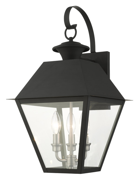 Livex Lighting Wentworth Collection  3 Light Black Outdoor Wall Lantern in Black with Brushed Nickel Finish Cluster 27218-04