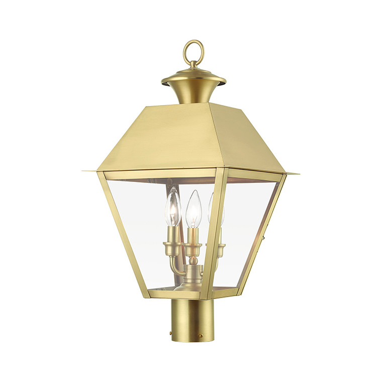 Livex Lighting Wentworth Collection  3 Light Natural Brass Outdoor Large Post Top Lantern in Natural Brass 27219-08