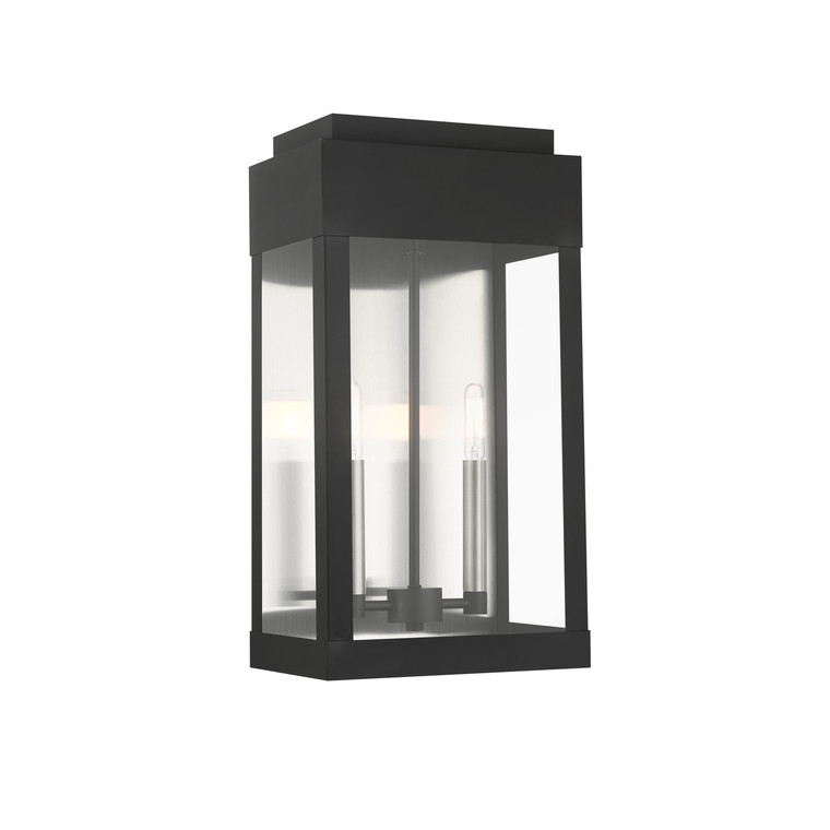Livex Lighting York Collection  2 Light Black Outdoor Wall Lantern in Black with Brushed Nickel Finish Candles with Brushed Nickel Stainless Steel Reflector 21238-04