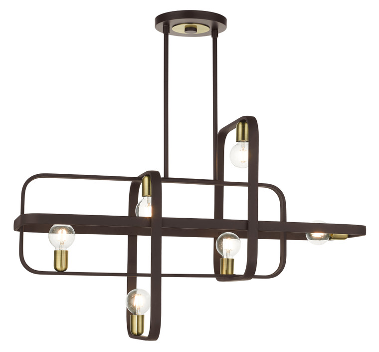 Livex Lighting Bergamo Collection  6 Light Bronze with Antique Brass Accents Linear Chandelier in Bronze with Antique Brass Accents 49748-07