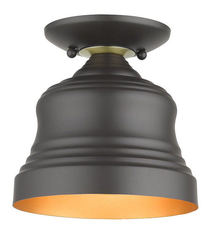 Livex Lighting Endicott Collection 1 Light Bronze Bell Petite Bell Semi-Flush with Gold Finish Inside 55909-07