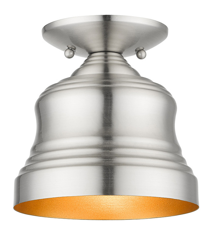 Livex Lighting Endicott Collection 1 Light Brushed Nickel Bell Petite Bell Semi-Flush with Gold Finish Inside 55909-91