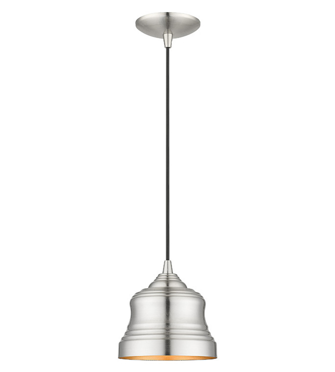 Livex Lighting Endicott Collection 1 Light Brushed Nickel Mini Bell Pendant with Gold Finish Inside 55901-91
