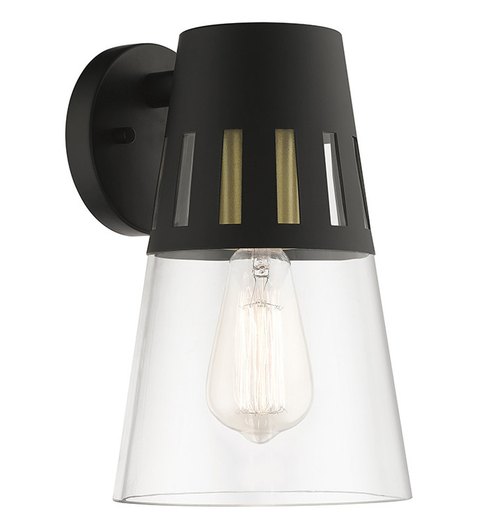 Livex Lighting Covington Collection 1 Light Black Outdoor Medium Wall Lantern with Soft Gold Finish Accents 27972-04