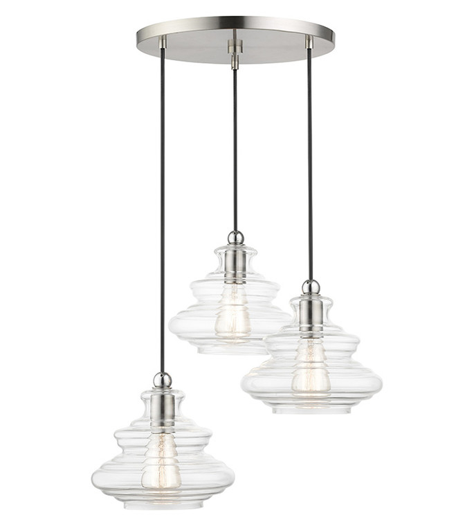Livex Lighting Everett Collection 3 Light Brushed Nickel Pendant Chandelier with Chrome Finish Accents 52833-91