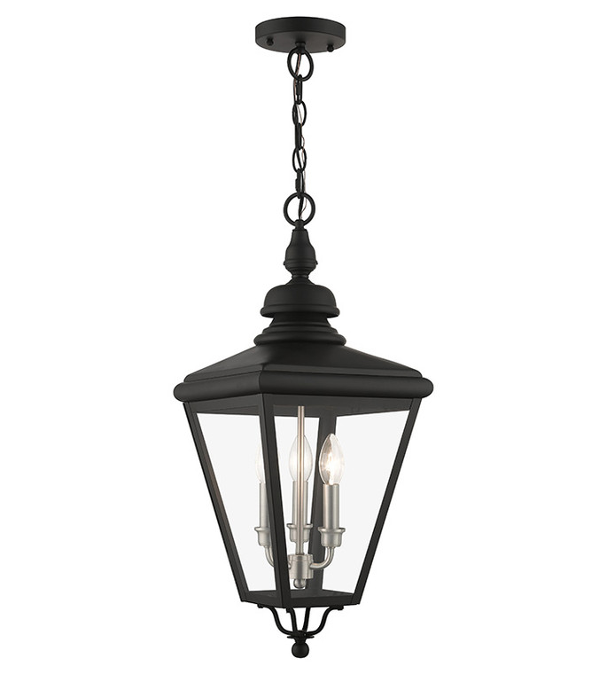 Livex Lighting Adams Collection 3 Light Black Outdoor Large Pendant Lantern with Brushed Nickel Finish Cluster 27377-04