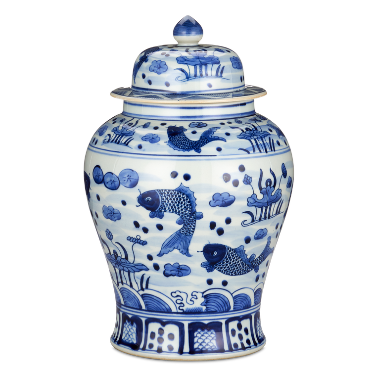 Currey & Co. 14" South Sea Blue & White Temple Jar 1200-0839
