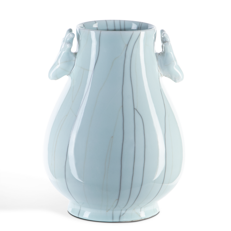 Currey & Co. 13.75" Porcelain Celadon Crackle Deer Heads Vase 1200-0694