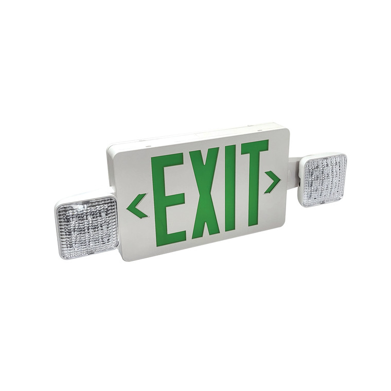 Nora Lighting LED Exit and Emergency Combination with Adjustable Heads, Battery Backup, Green Letters / White Housing NEX-712-LED/G