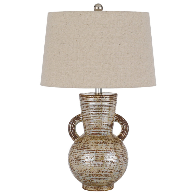 CAL Lighting Arluno ceramic table lamp with linen hardback taper drum shade Patina Bronze BO-3043TB