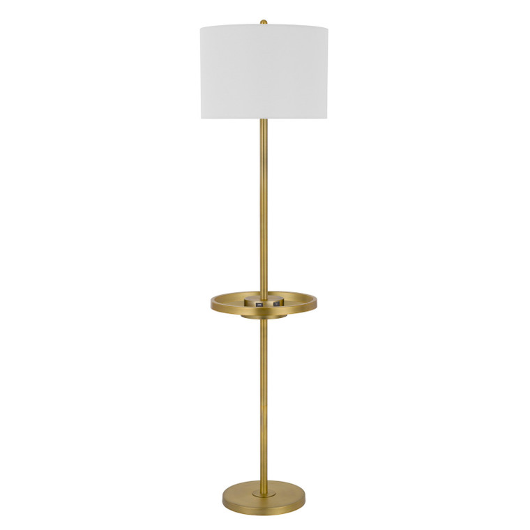 CAL Lighting 150W 3 Way Crofton metal floor lamp with centered metal tray table with 2 USB charging ports and weighted metal base Antique Brass BO-2983FL-AB