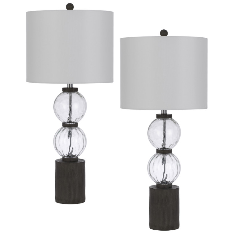 CAL Lighting 150W 3 Way Mystic glass/resin table lamp with resin faux wood finish base and hardback drum fabric shade (sold as pairs) Textured Glass/Dark Oak BO-3091TB-2