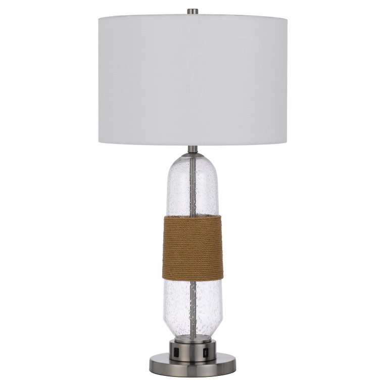 CAL Lighting 150W 3 Way Everett bubbled glass table lamp with burlap design and drum fabric shade. Equipped with 1 USB and 1 USB-C charging ports Glass/Burlap BO-3127TB