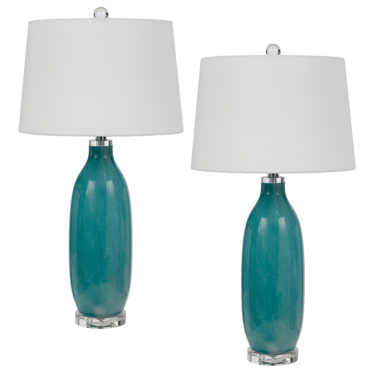CAL Lighting 150W 3 Way Cullman glass table lamp with crystal base and hardback taper drum fabric shade (sold as pairs) Aqua BO-3085TB-2