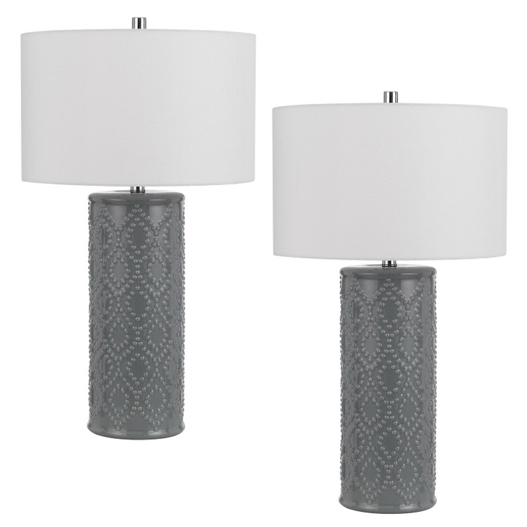 CAL Lighting 150W 3 Way Castine ceramic table lamp. Priced and sold as pairs. Slate Grey BO-3065TB-2