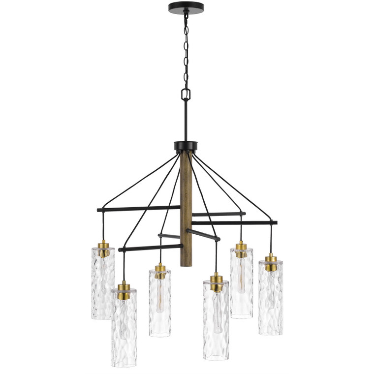 CAL Lighting Williston rubber wood chandelier with hanging textured glass shades Antique Brass/Wood FX-3788-6