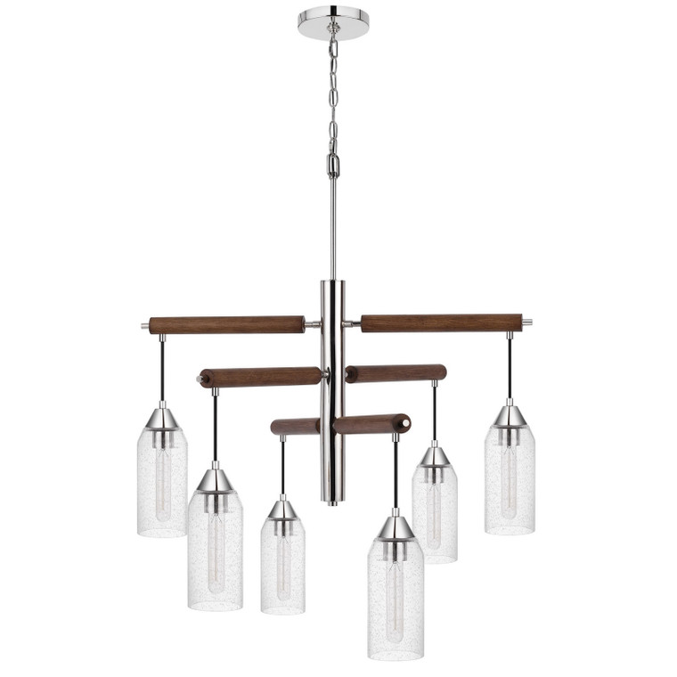 CAL Lighting Massillon rubber wood chandelier with hanging bubbled glass shades Chrome/Wood FX-3789-6