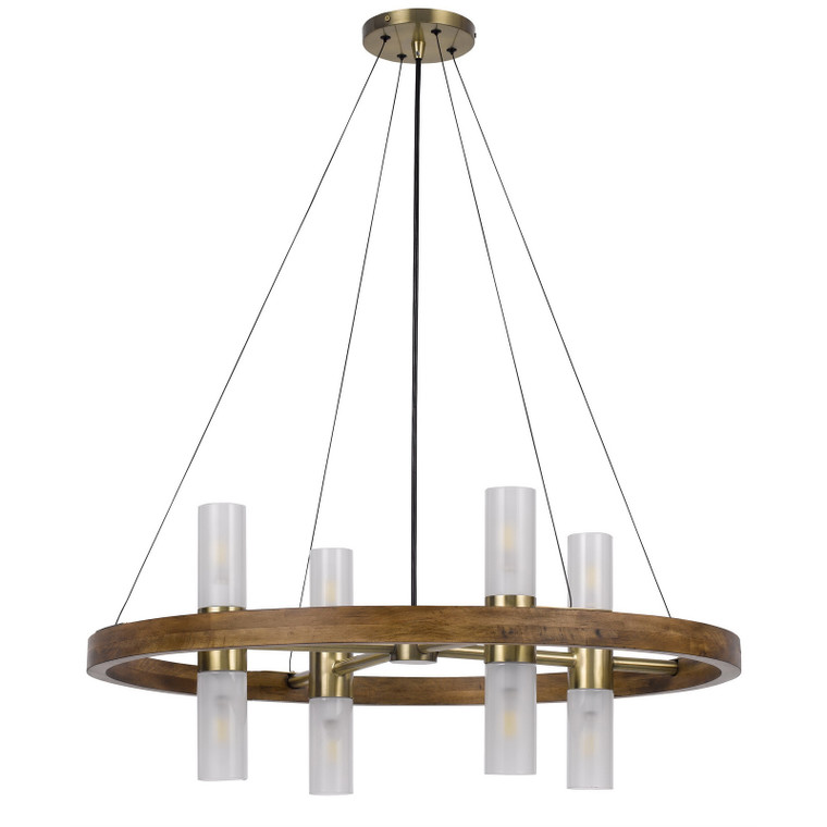 CAL Lighting Hempstead Birch wood cylinder chandelier with adjustable steel cable and glass shades Wood/Antique Brass FX-3782-8