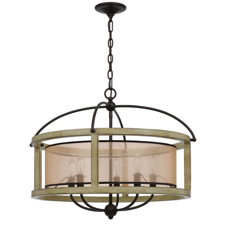 CAL Lighting Palencia rubber wood round chandelier with organza shade Distressed oak FX-3781-5