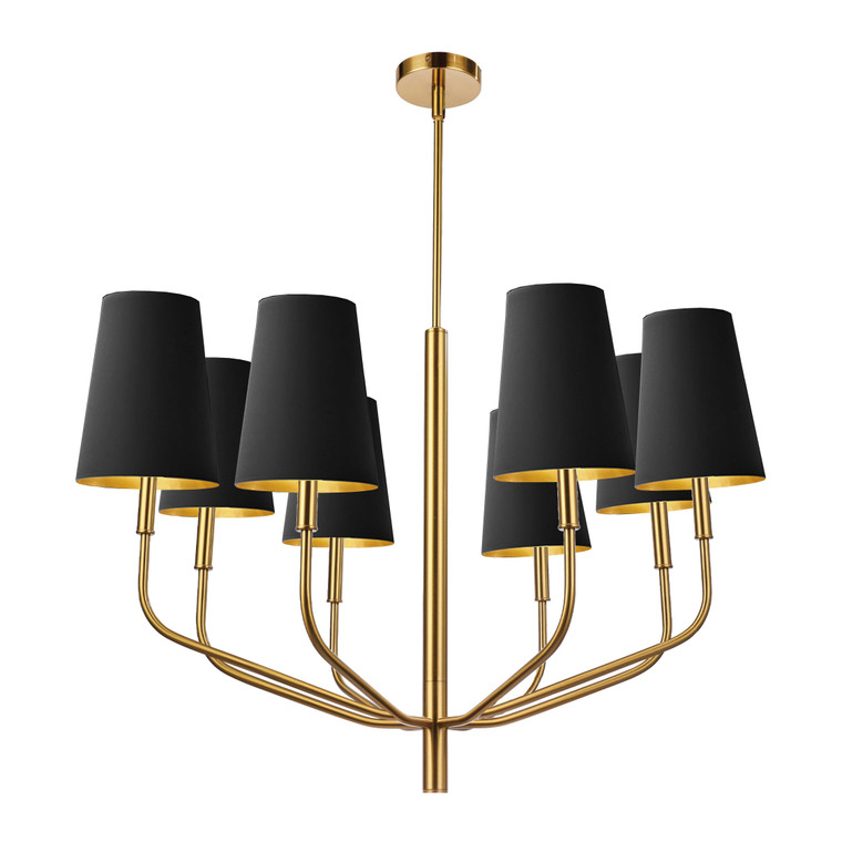 Dainolite 8 Light Incandescent Pendant, Aged Brass w/ Black Shades ELN-368C-AGB-698