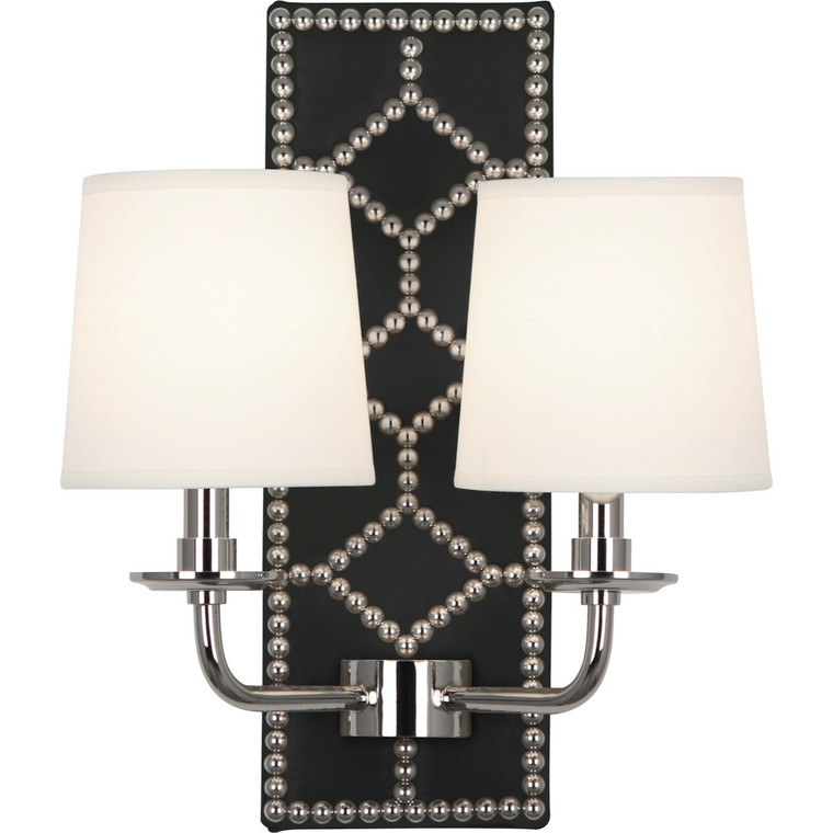 Robert Abbey Williamsburg Lightfoot Wall Sconce in Backplate Upholstered in Blacksmith Black Leather with Nailhead Detail and Polished Nickel Accents S1035