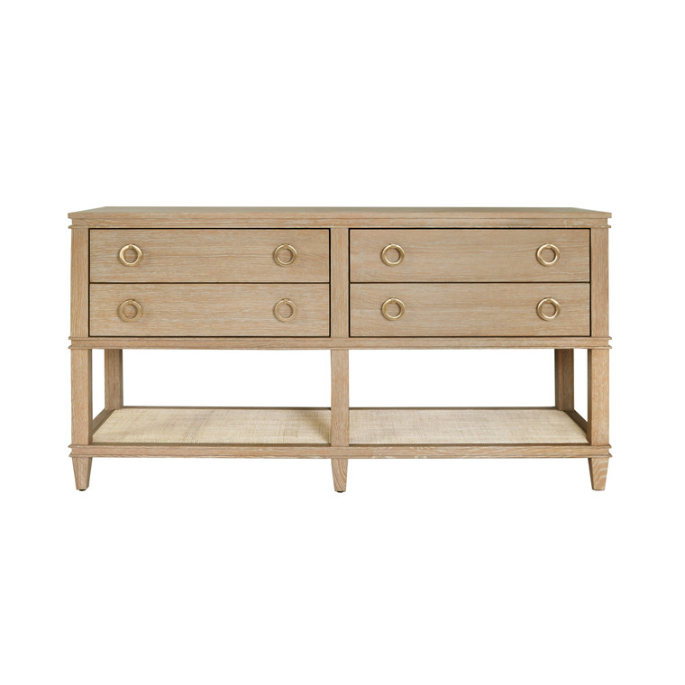 Worlds Away Richmond Four Drawer Console With Open Cane Shelf In Cerused Oak RICHMOND CO