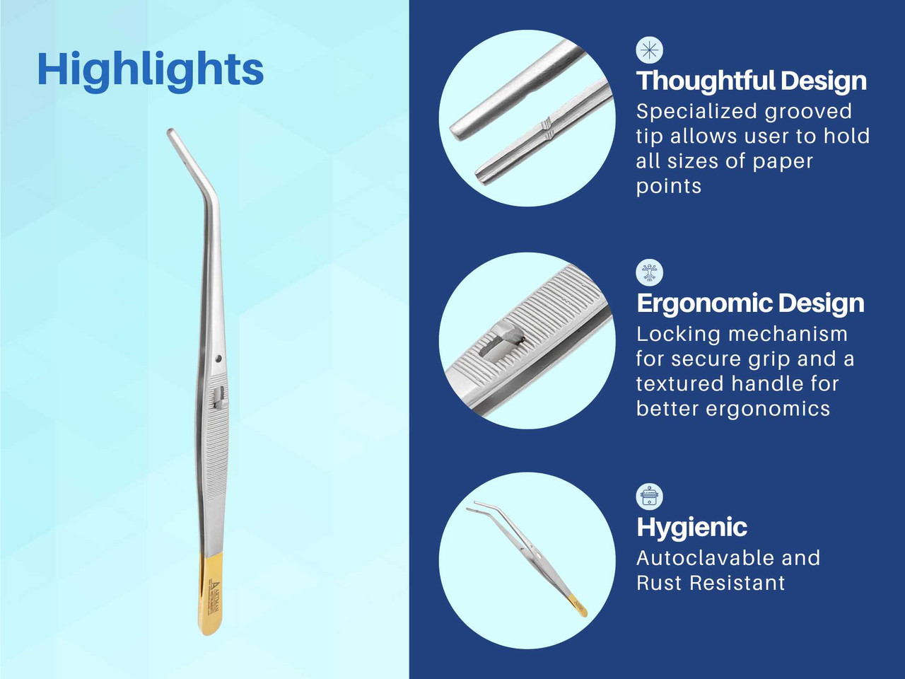 Endodontic Tweezers for paper point holding with grooved tip and lock