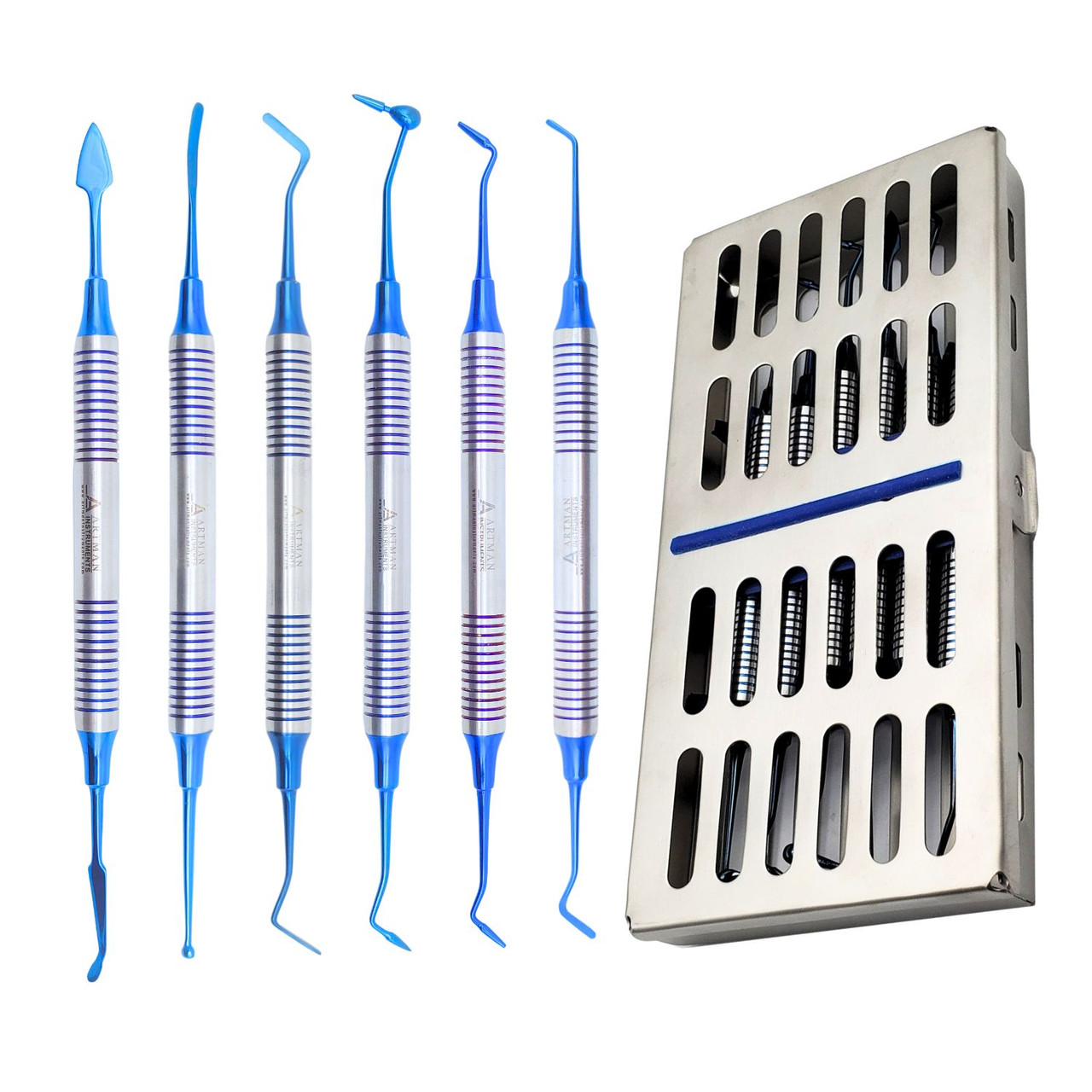 Dental Composite Non Stick Filling Instruments Kit in Stainless Steel Cassette (6 PCS Blue Plasma Coated) ARTMAN