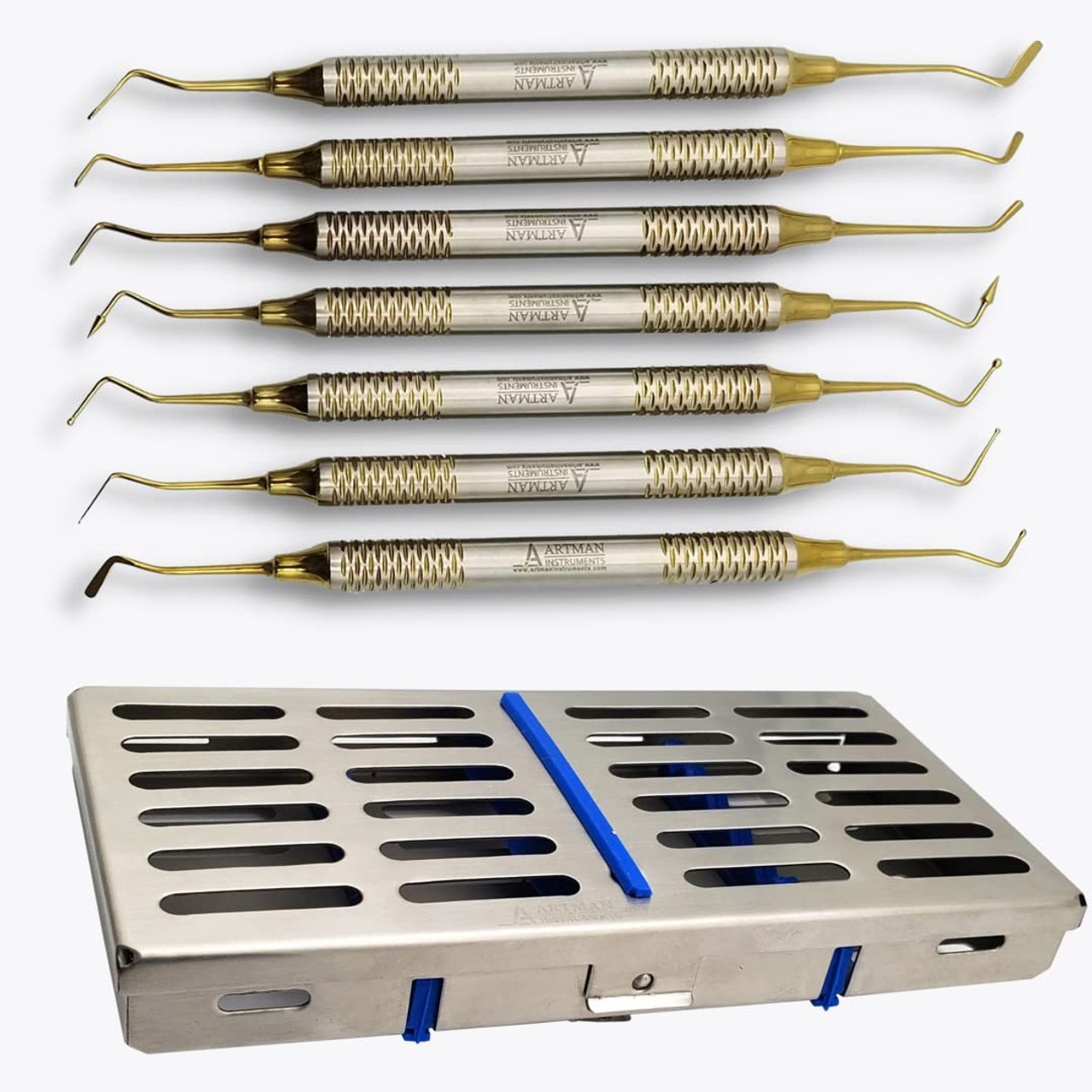 Dental Composite Glass Ionomer Amalgam Filling Instruments Kit in Cassette (7 Golden Plasma Coated pcs) ARTMAN