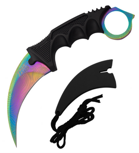 Fixed Blade Karambit Neck Knife and Sheath - Rainbow Damascus Fixed Blade Karambit Neck Knife and Sheath - Rainbow Damascus
