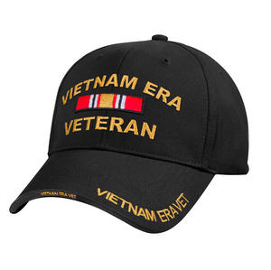 Deluxe low profile Vietnam Veteran black cap with embroidered text and ribbon bars