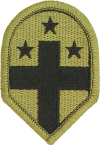 332nd Medical Brigade MultiCam OCP embroidered Army shoulder sleeve insignia with hook fastener backing made in the USA.