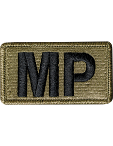 MP Military Police patch with black embroidered MP letters on olive drab background, hook and loop backing, made in the USA