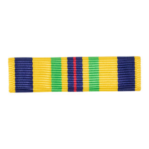 the navy recruiting service ribbon is awarded with red, dark blue, yellow, and green